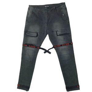 8&9MFG Vintage Wash Strapped Up Utility Jeans Black and Red Men's Size 40
